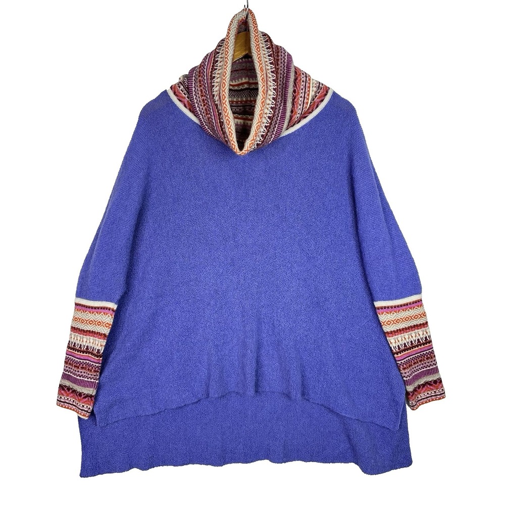 100% Baby Alpaca Peruvian Sweater Poncho One Size Purple Fair Isle Oversized